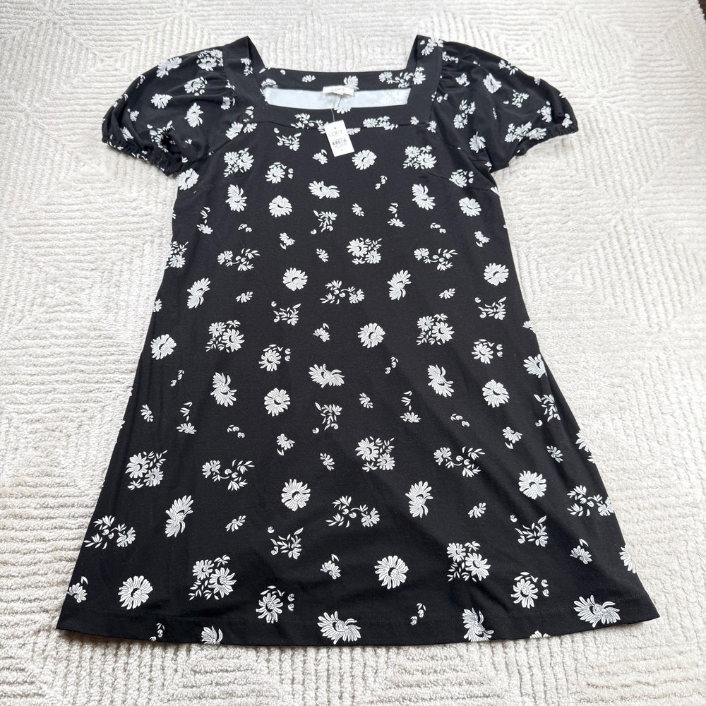 Loft Floral Shift Dress Womens Medium Black White Daisy Puff Sleeve NWT Feminine